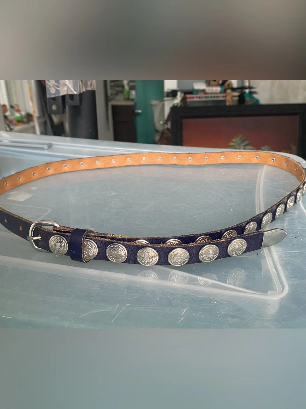 Vtg Forenza Sportswear Concho Belt Silver Blue Skinny 90s Size L 42” Western